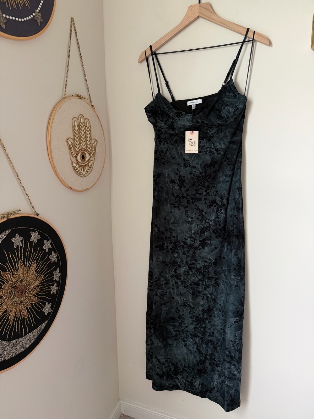 Blue Floral velvet Burnout spaghetti strap open back Maxi Slip Dress